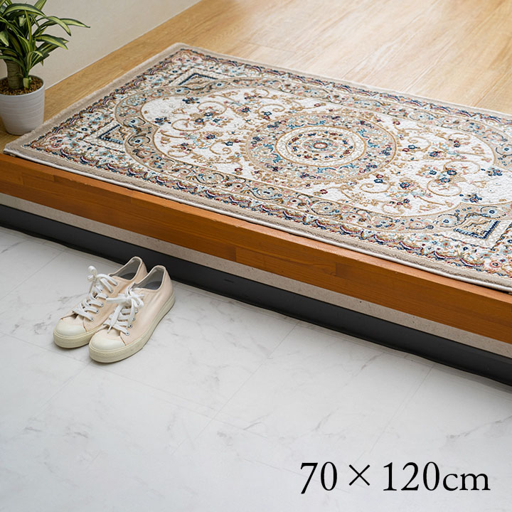 玄関 マット トルコ製 ウィルトン 織り クラシカル柄 エレガンス柄　約70×120cm ブルー